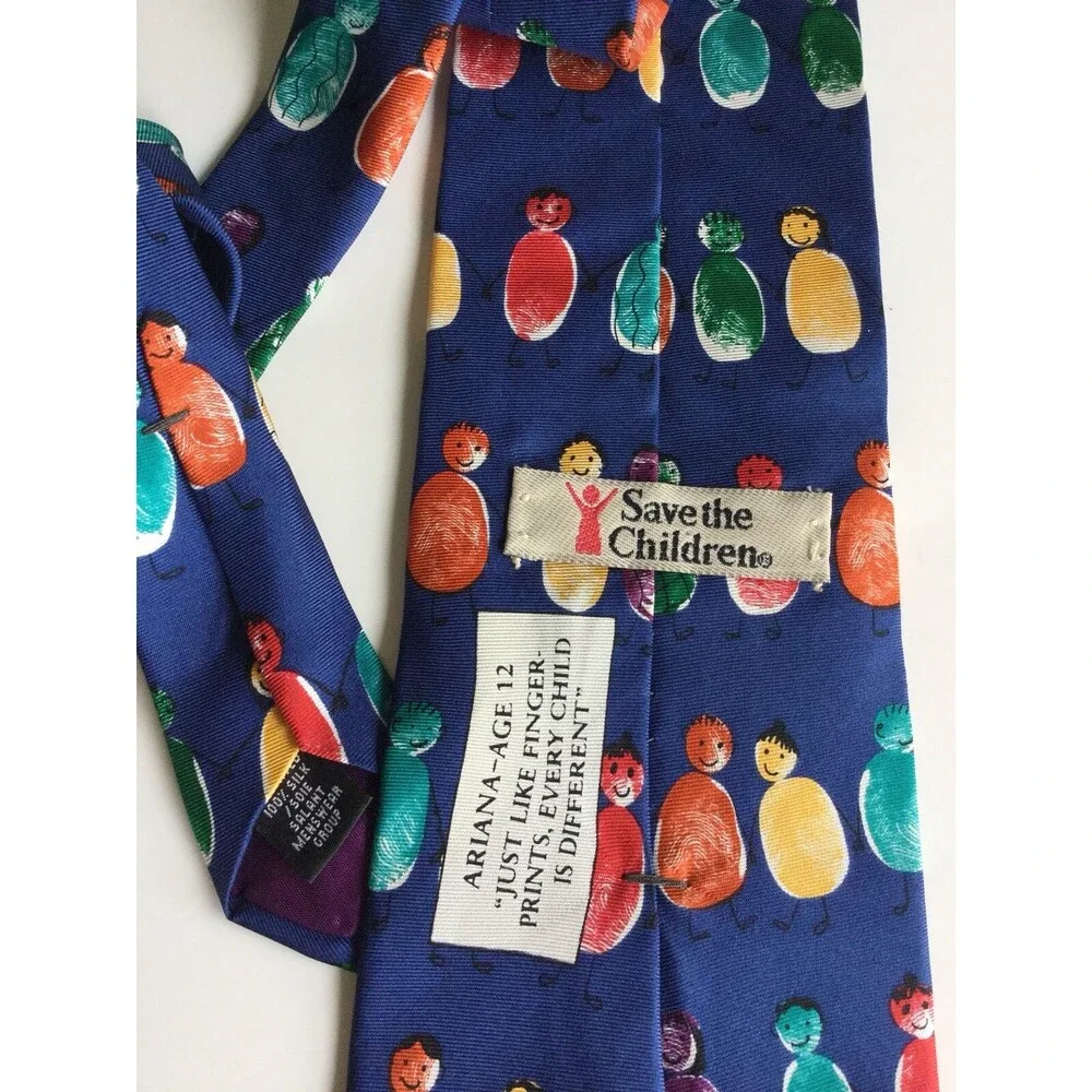 Save The Children Just Like Fingerprints Ariana 12 Neck Tie Blue 100% Silk